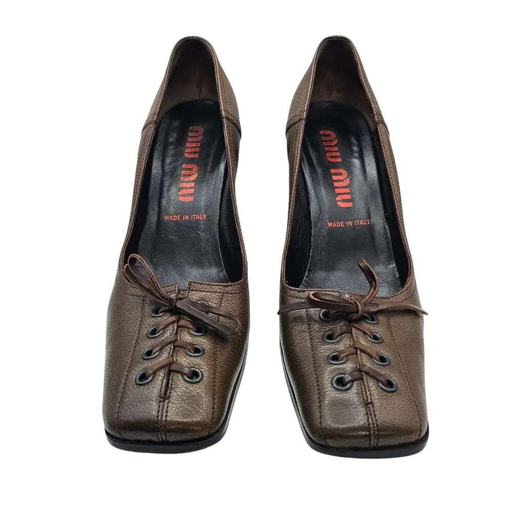 Miu Miu Vintage 90s Brown Leather Lace Up Corset Square Toe Pump Heels 40 9